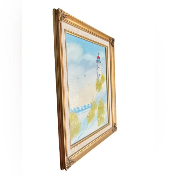 Vintage gold framed lighthouse canvas painted framed wall art - Picture 2 of 3
